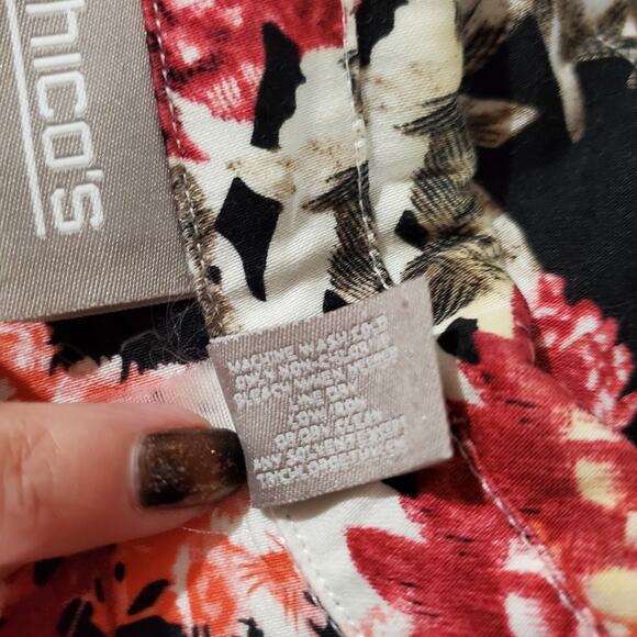 Chicos Womens Floral 3/4 Sleeve Zip Jacket Size 2 US L 12 Lightweight Pockets - Picture 8 of 11